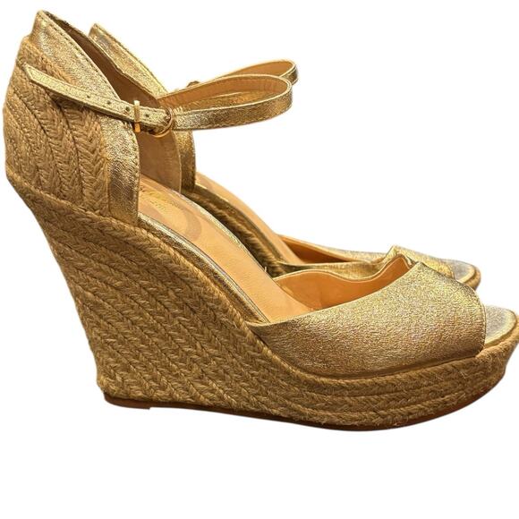 Seychelles Open Toe Metallic Gold Espadrille Covered Heel 5" Wedge Size 9 - Picture 4 of 7
